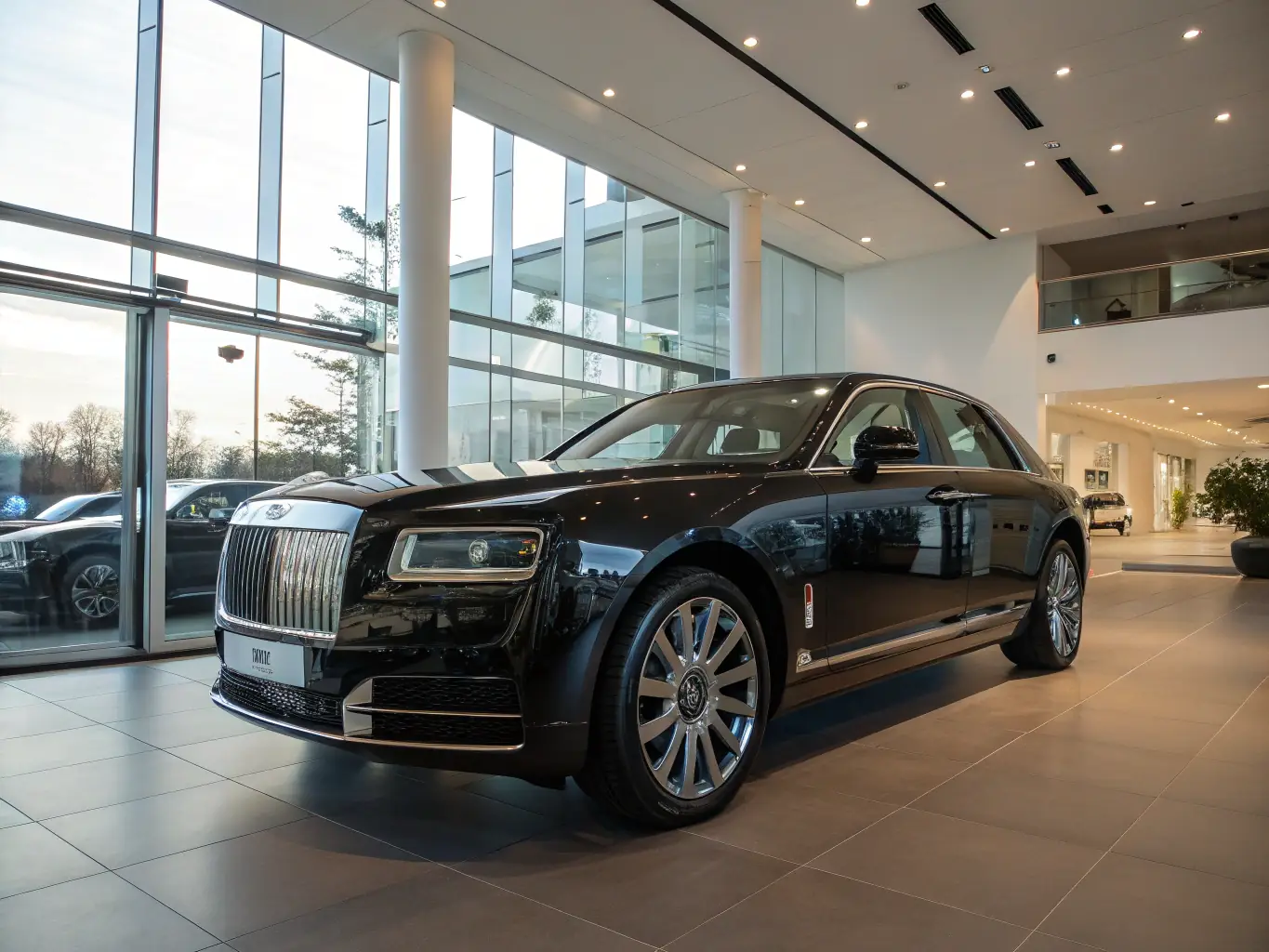 An image featuring a luxury car showroom, with a sleek sports car prominently displayed under professional lighting. The scene should convey a sense of sophistication and high performance.