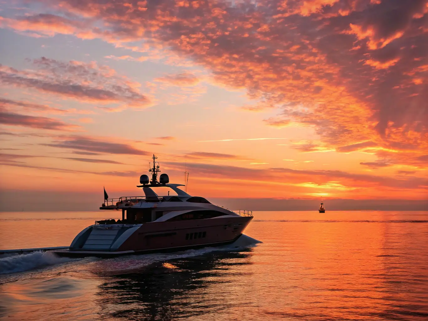 A cinematic shot of a luxury yacht sailing on crystal-clear waters, with the sun setting in the background. The image should highlight the yacht's sleek design and the sense of freedom and adventure it offers.