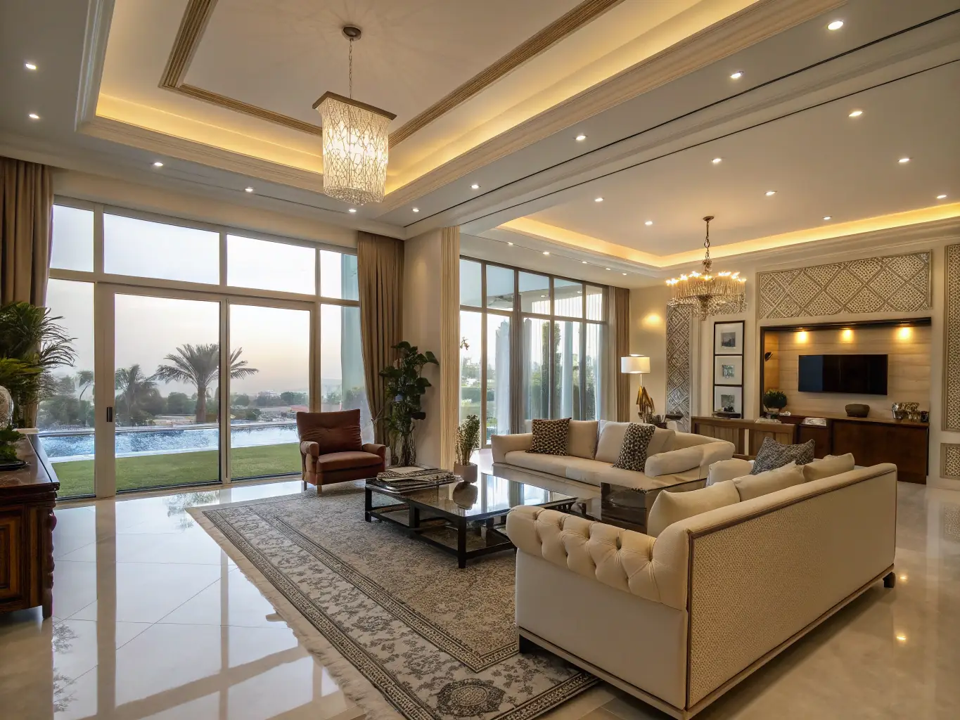 A high-resolution image showcasing a luxury villa's interior, captured with professional lighting and composition, emphasizing the spaciousness and elegance of the property. The scene should evoke a sense of high-end living and sophistication.